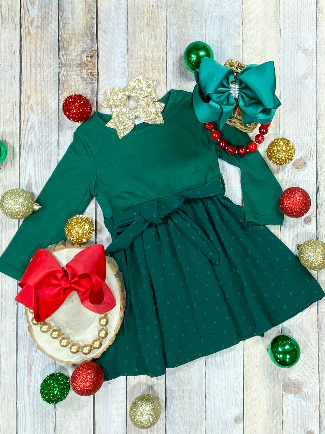 Mommy & Me Green Long Sleeve Tied Twirl Dress