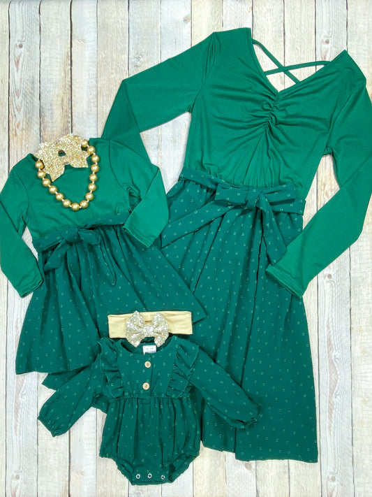 Mommy & Me Green Long Sleeve Tied Twirl Dress