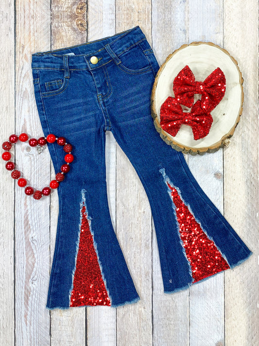 Denim Bell Bottoms with Red Sequins