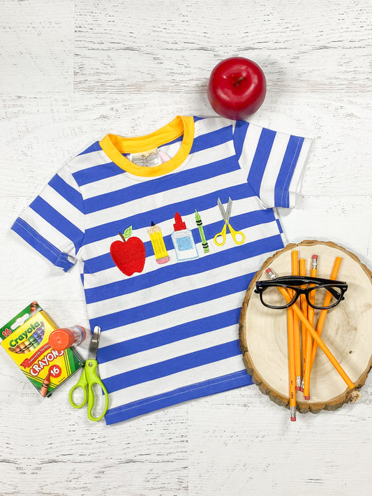 School Supplies Blue Striped Tee with Yellow Collar