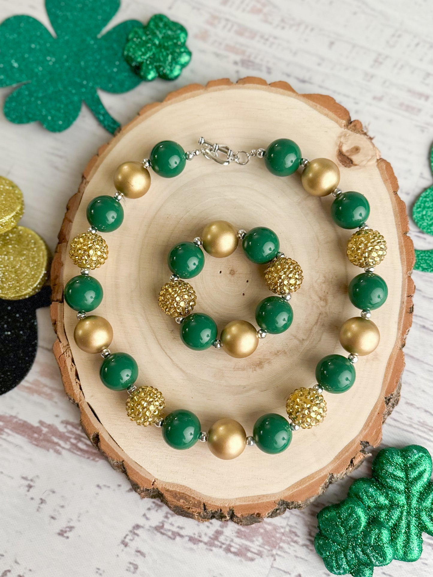 Green & Gold Chunky Necklace with matching bracelet