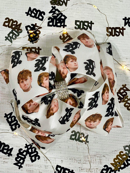 Custom senior hair bow with faces printed