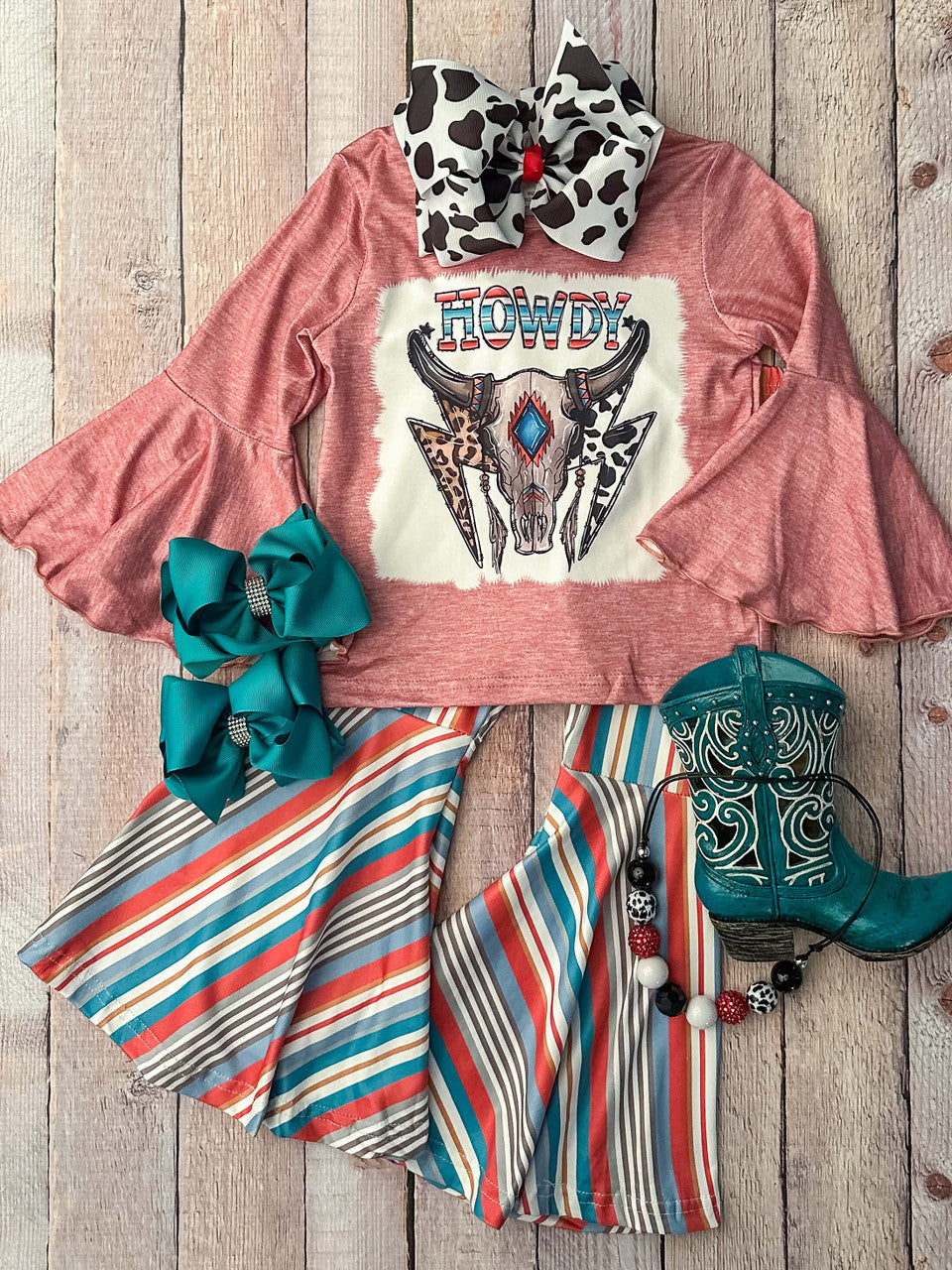 Long bell sleeve top with Howdy design with coordinating striped bell bottoms