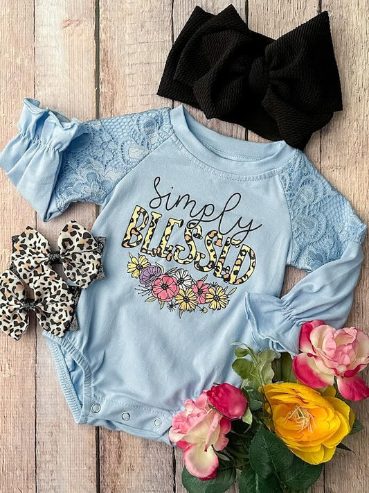 Baby Blue Onesie  With Lace, Simply Blessed & Flowers Design.