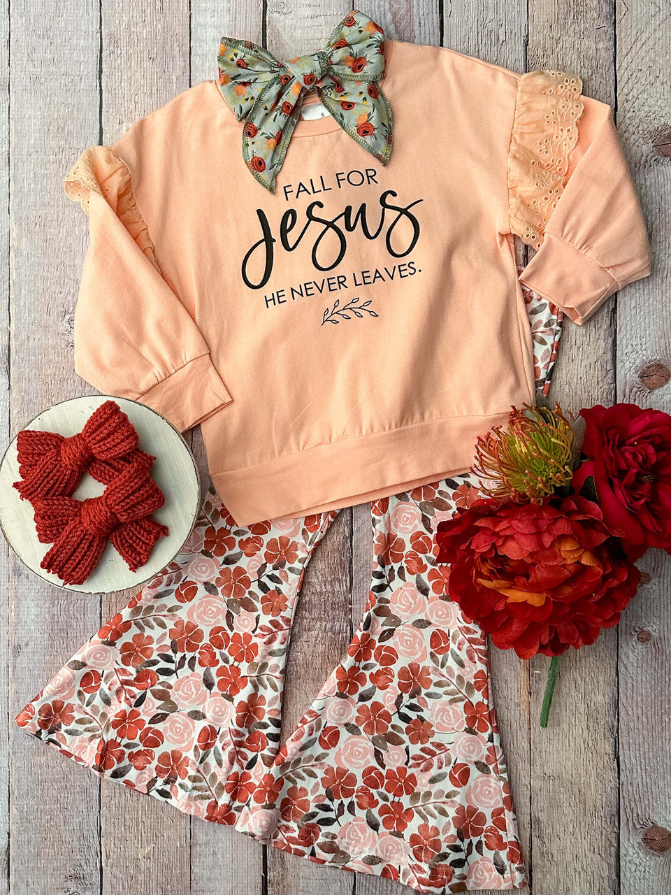 Fall for Jesus long sleeve top with coordinating floral print bell bottom pants.