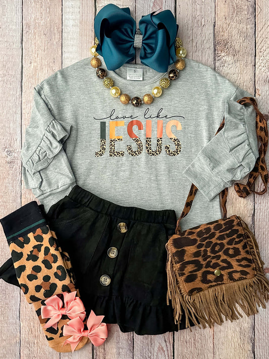 Love like Jesus grey ruffled long sleeve top with a black ruffled hem skirt with button detailing.