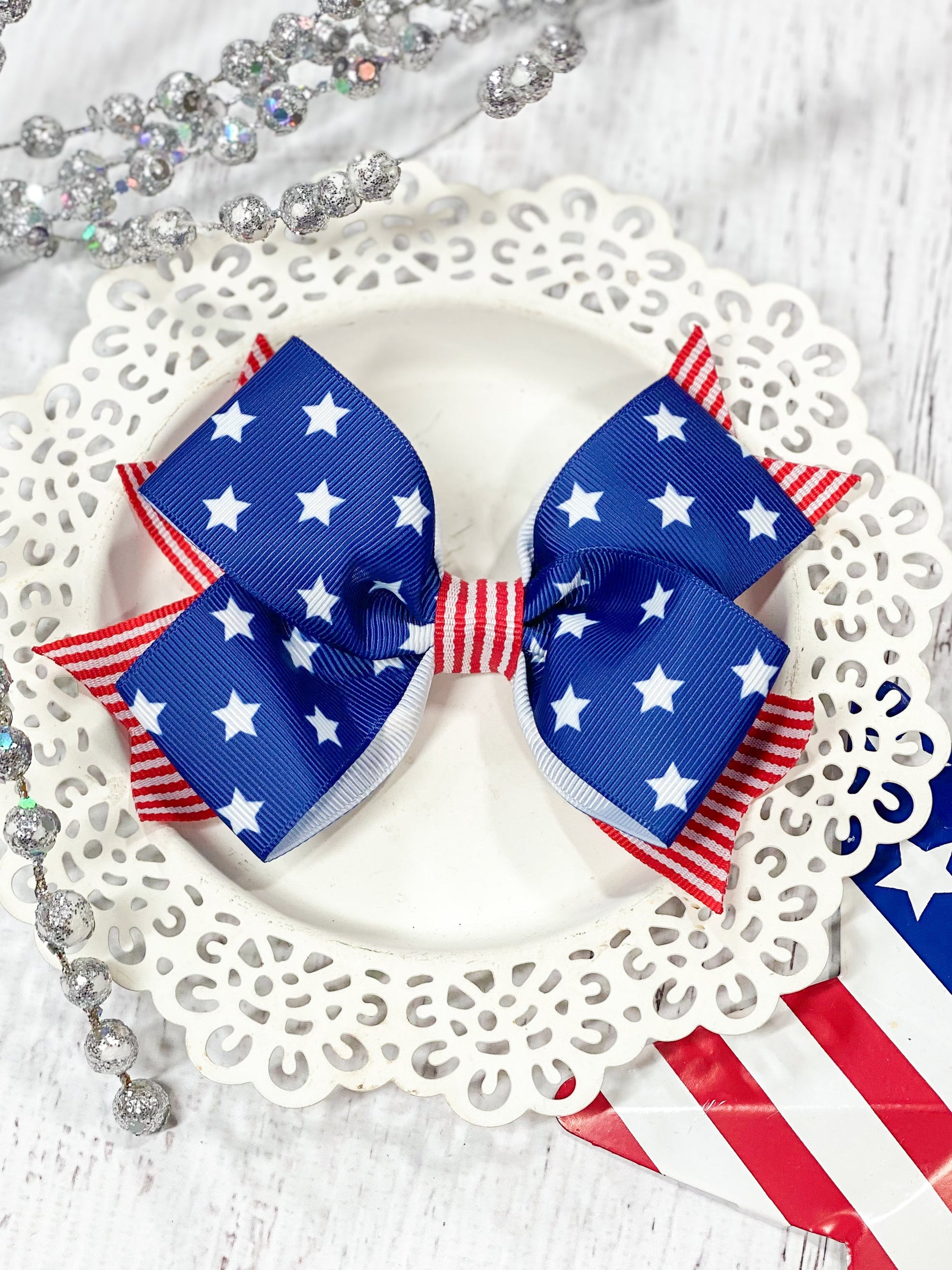 Navy Stars American Flag Bow on alligator clip