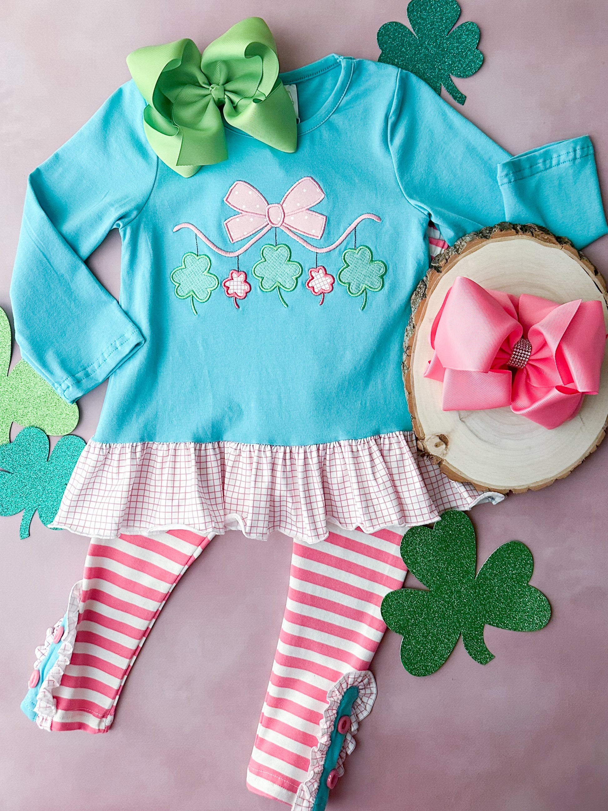 Embroidered Clovers with Striped Leggings Set