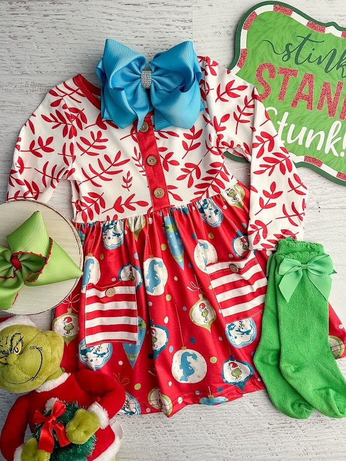 Grinch and Max oranaments dress with white and red floral print top