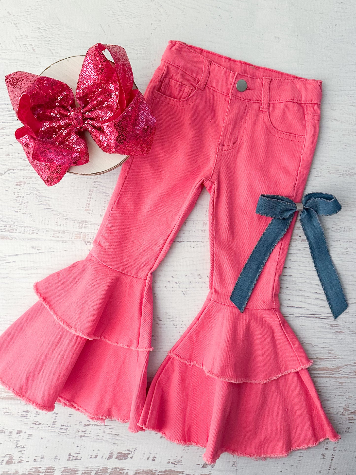 Hot Pink Frayed Double Bell Bottom Jeans