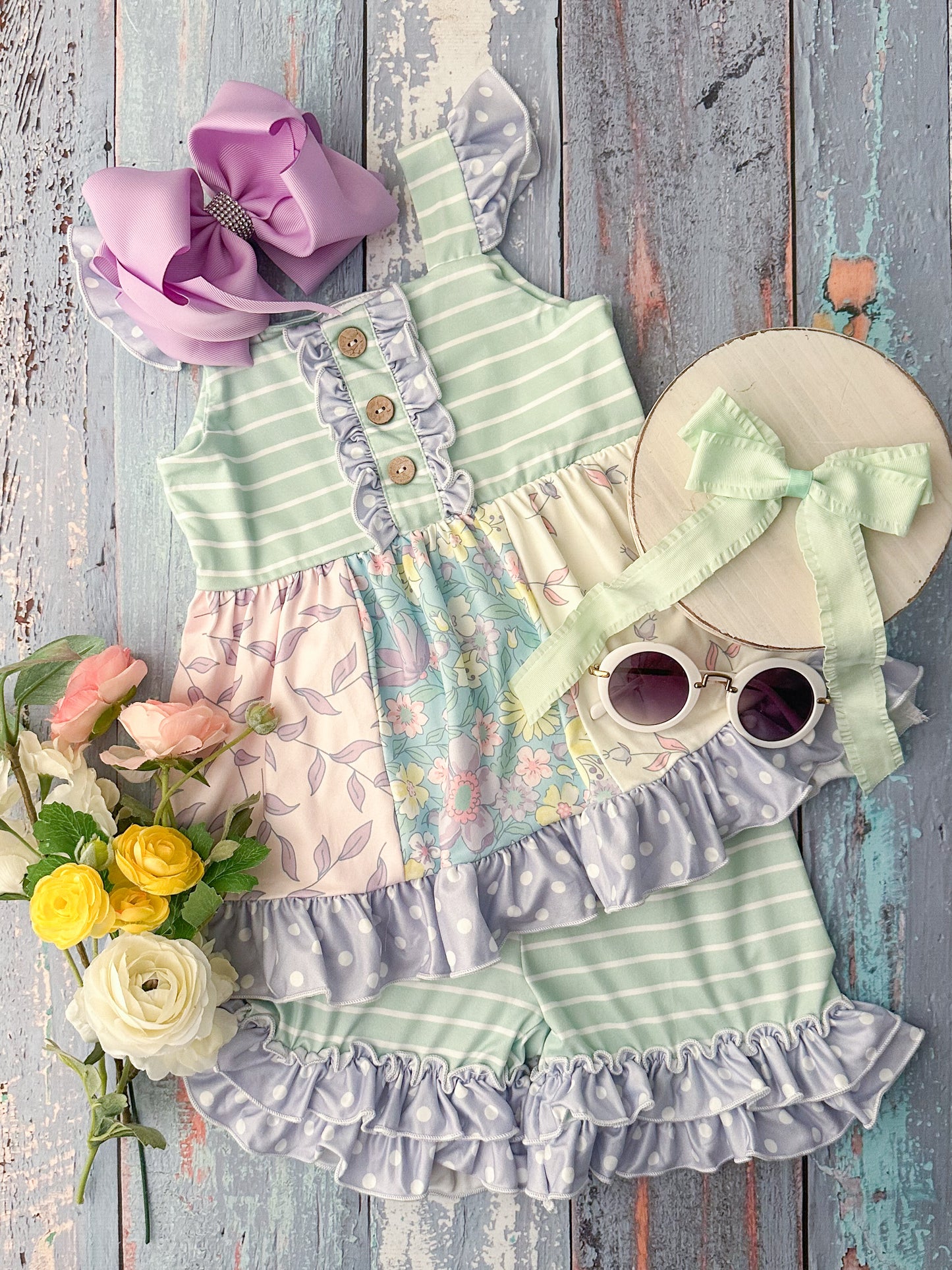 Mint Stripes & Floral Dreams Ruffled Shorts Set