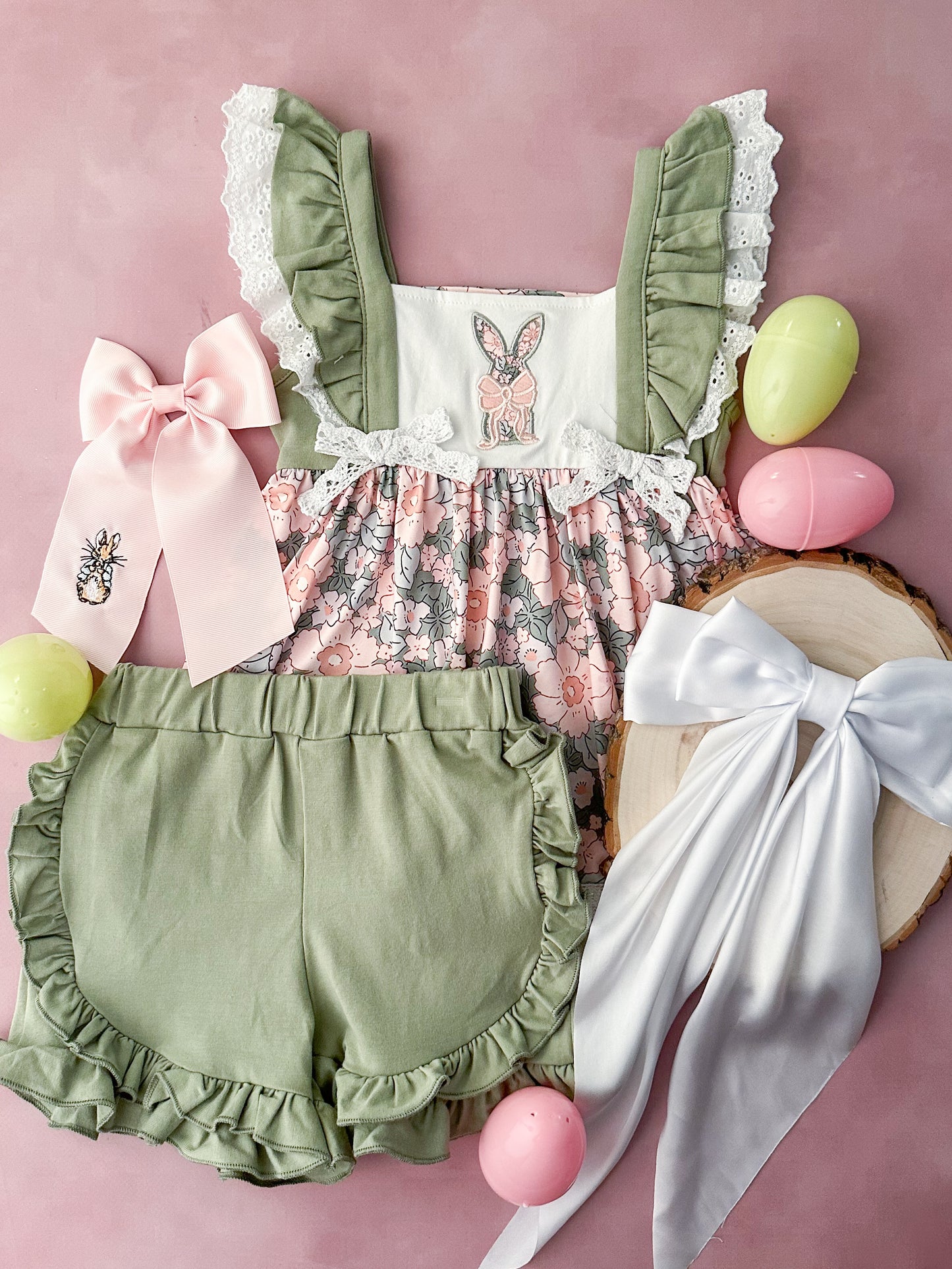 Peek-A-Boo Bunny Ruffled Olive Shorts Set