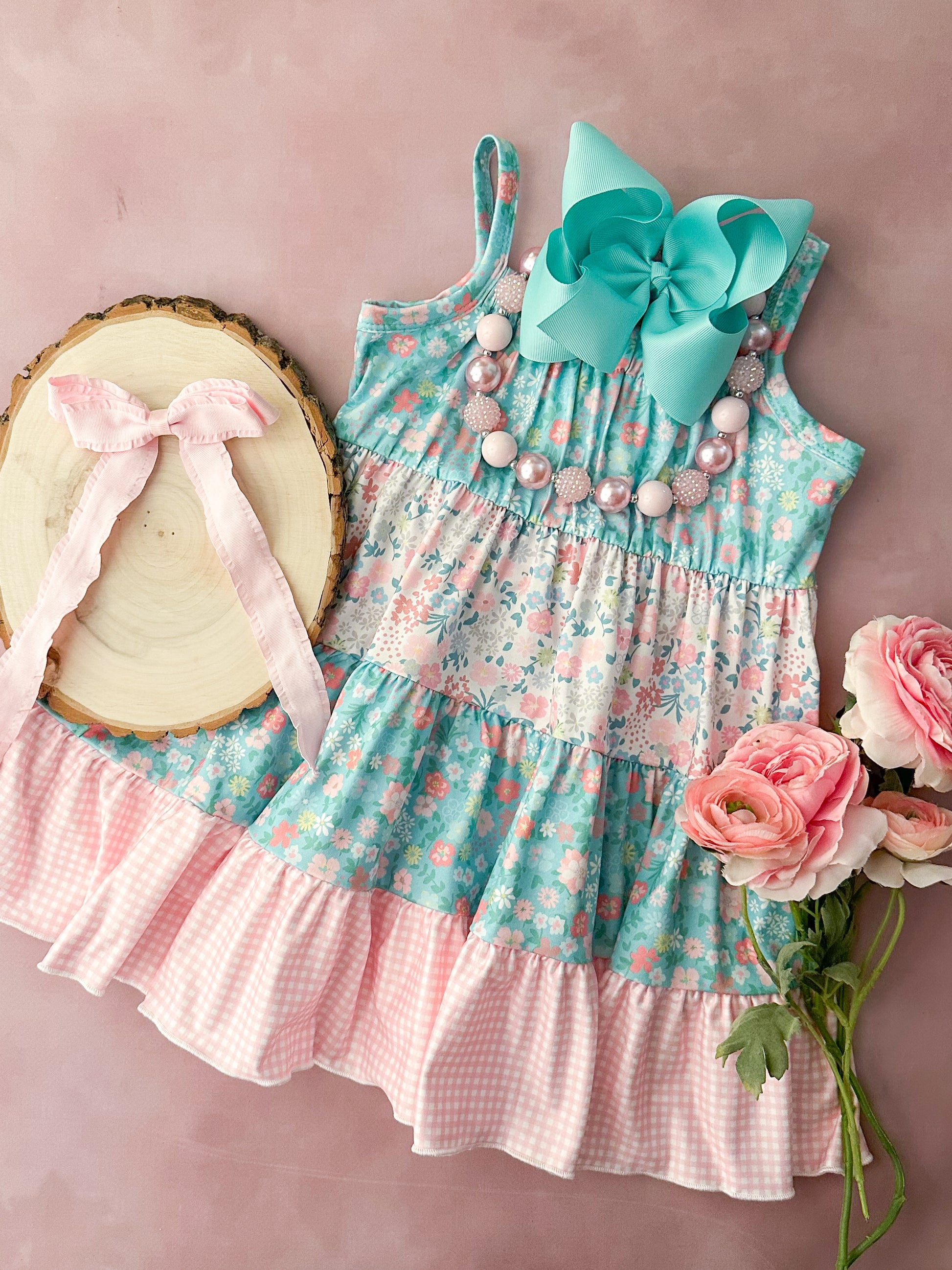 Aqua & Pink Floral Tiered Dress