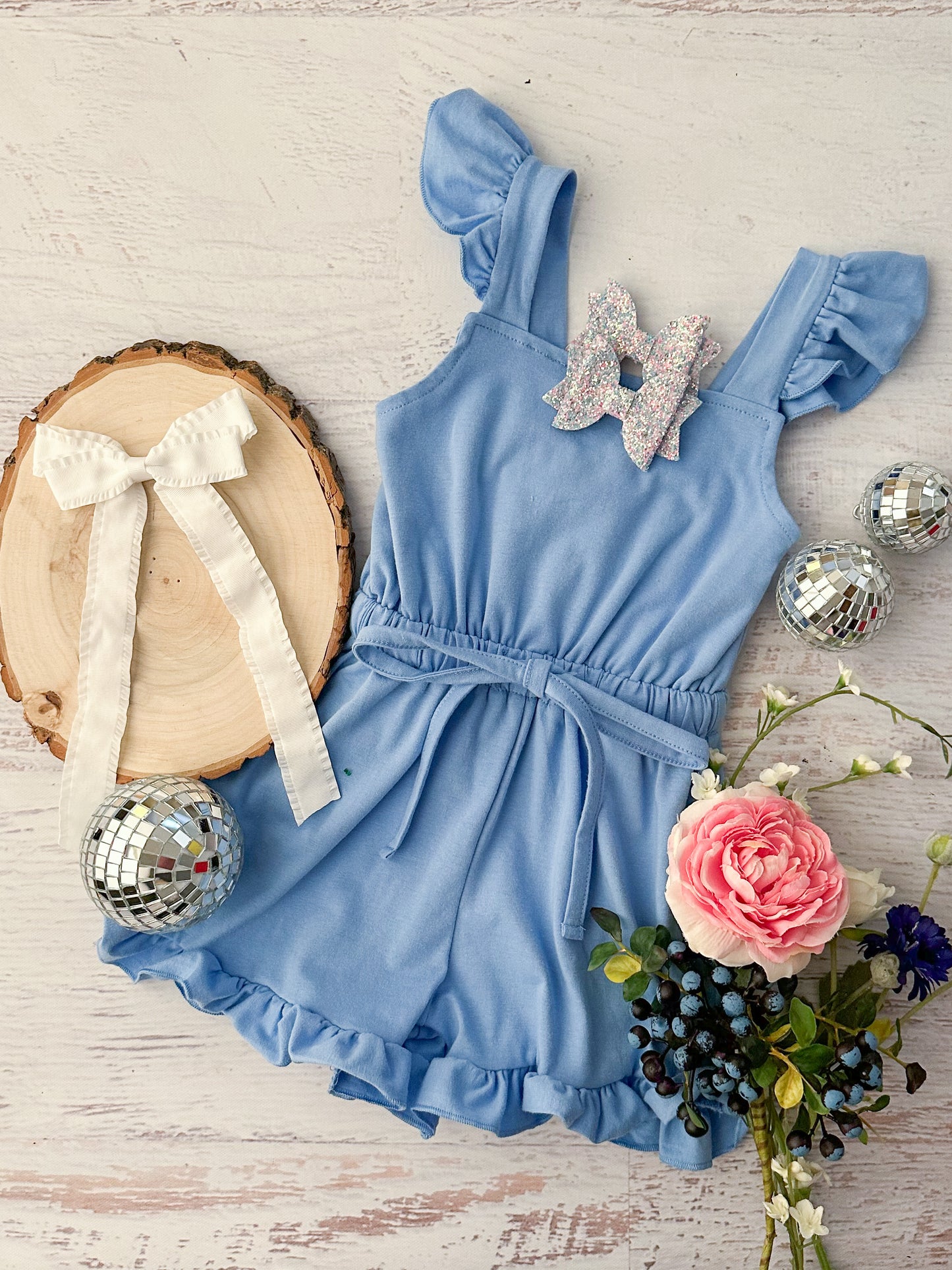 Ocean Blue Tied Ruffle Romper