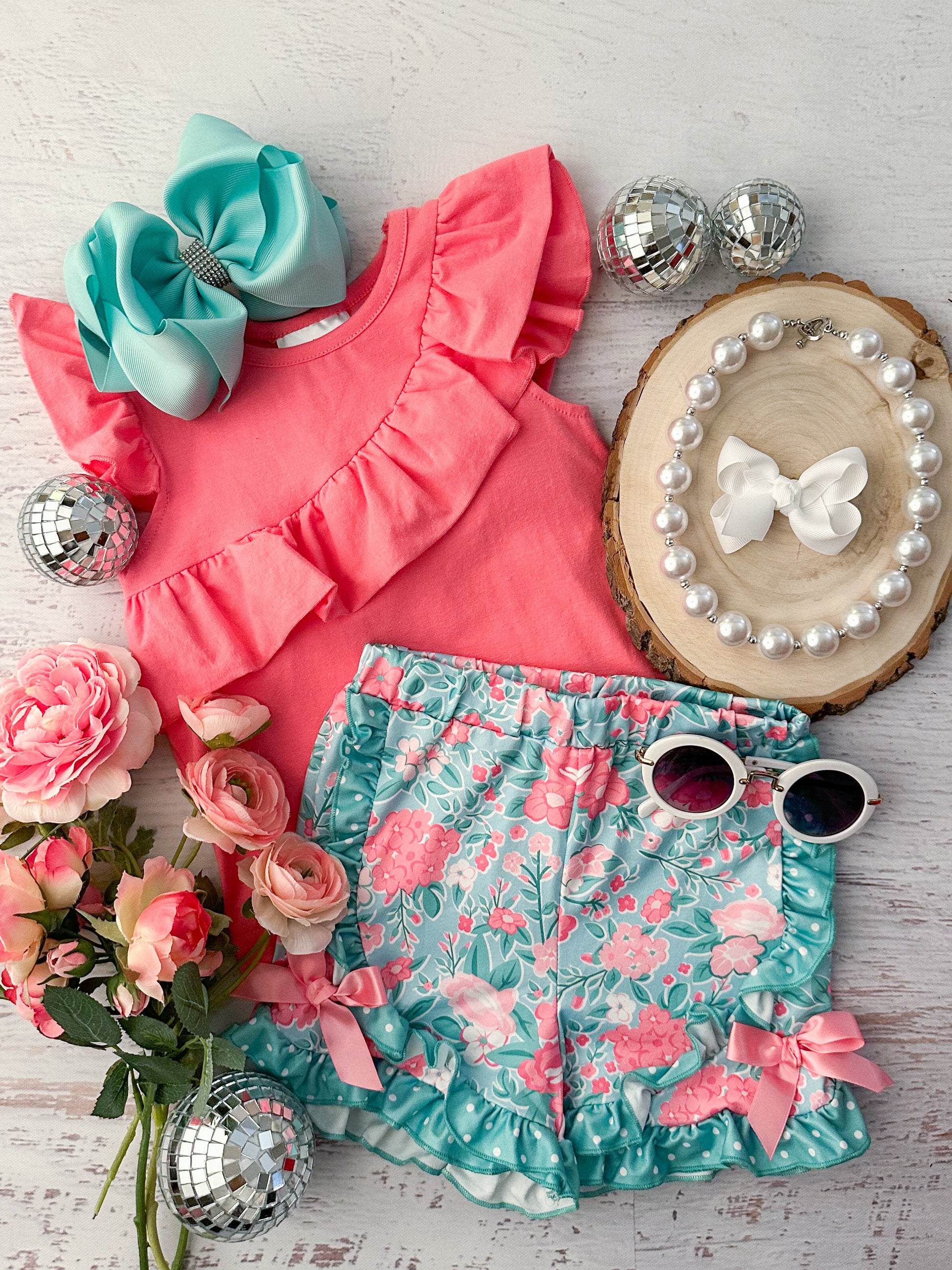 Pink & Aqua Floral Ruffle Shorts Set