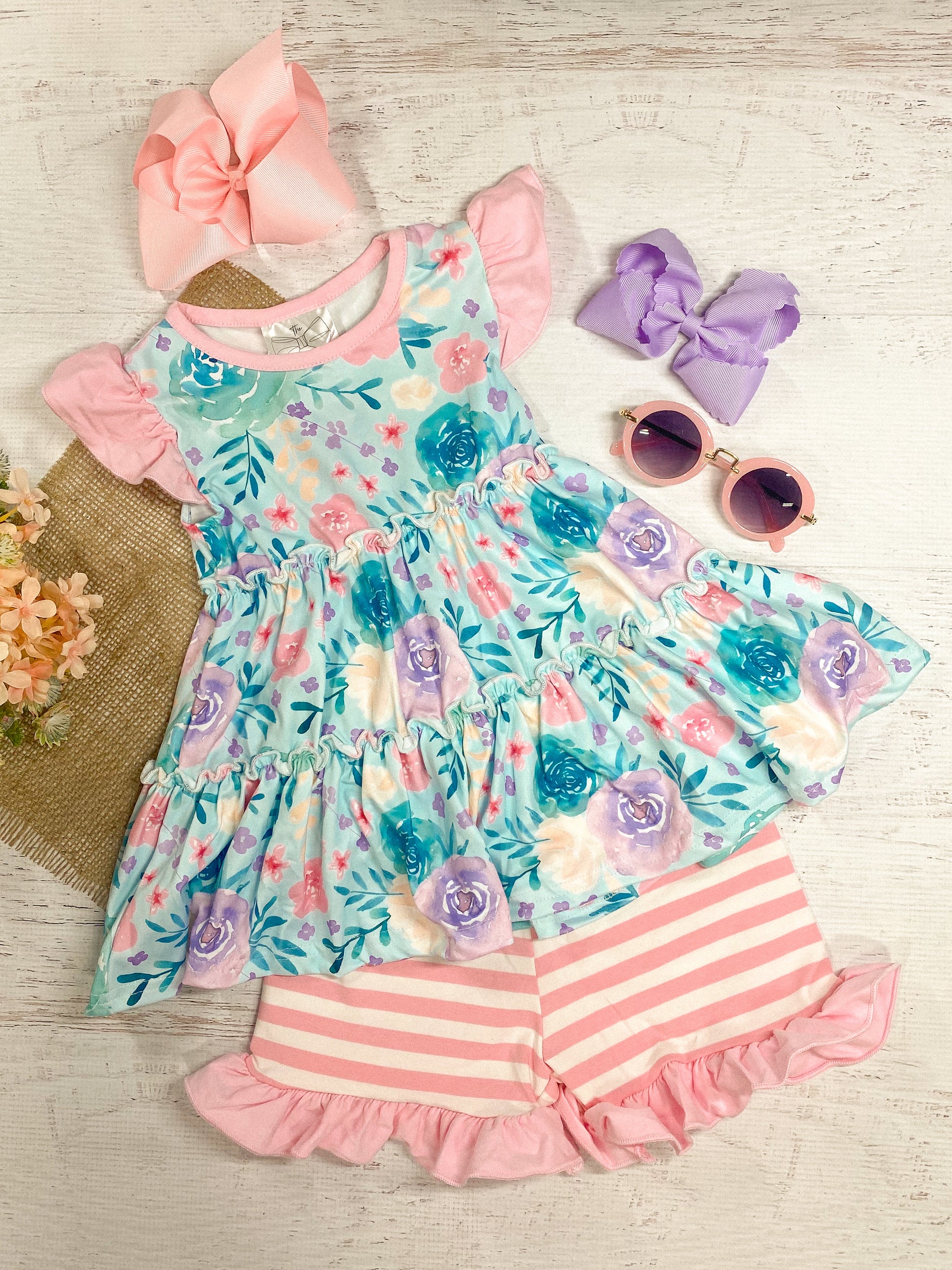 Light Pink Floral & Striped Shorts Set