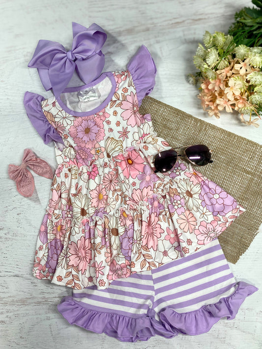 Lavender Floral & Striped Shorts Set