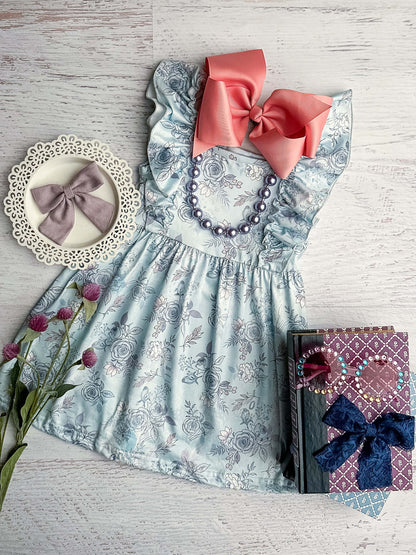 Blue & lavender floral ruffled sleeve dress