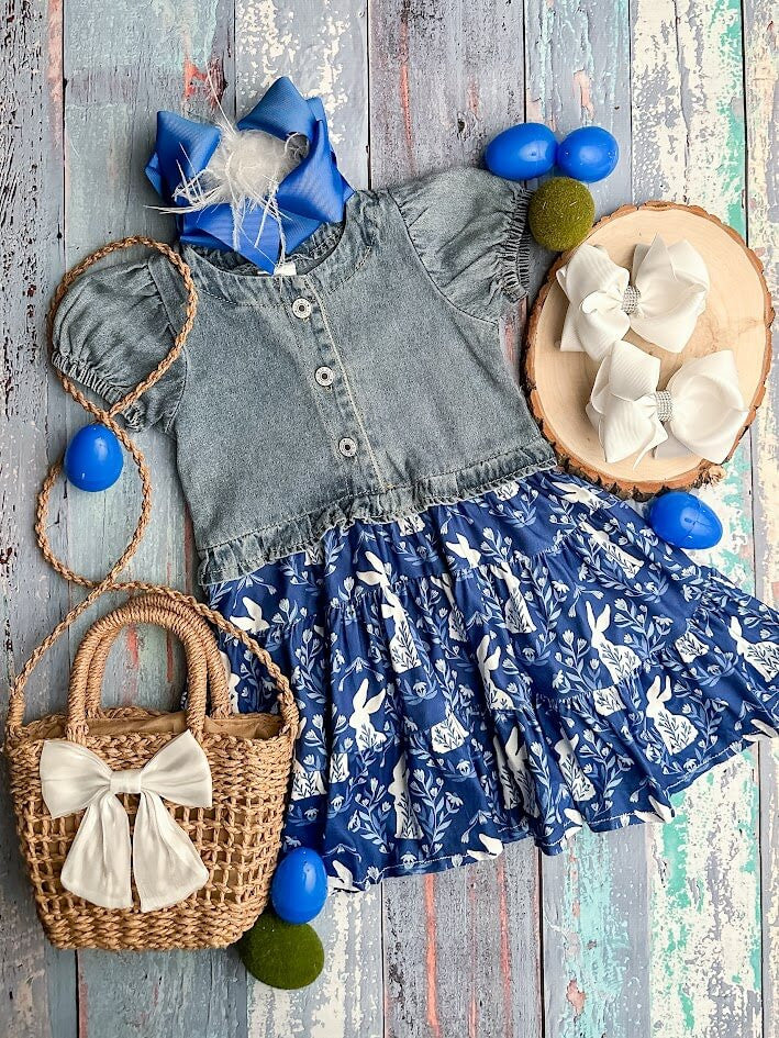 Denim Top With Dark Blue & White Bunny Print Bottoms