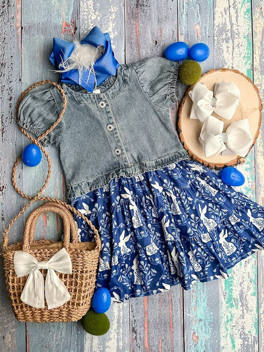 Denim Top With Dark Blue & White Bunny Print Bottoms