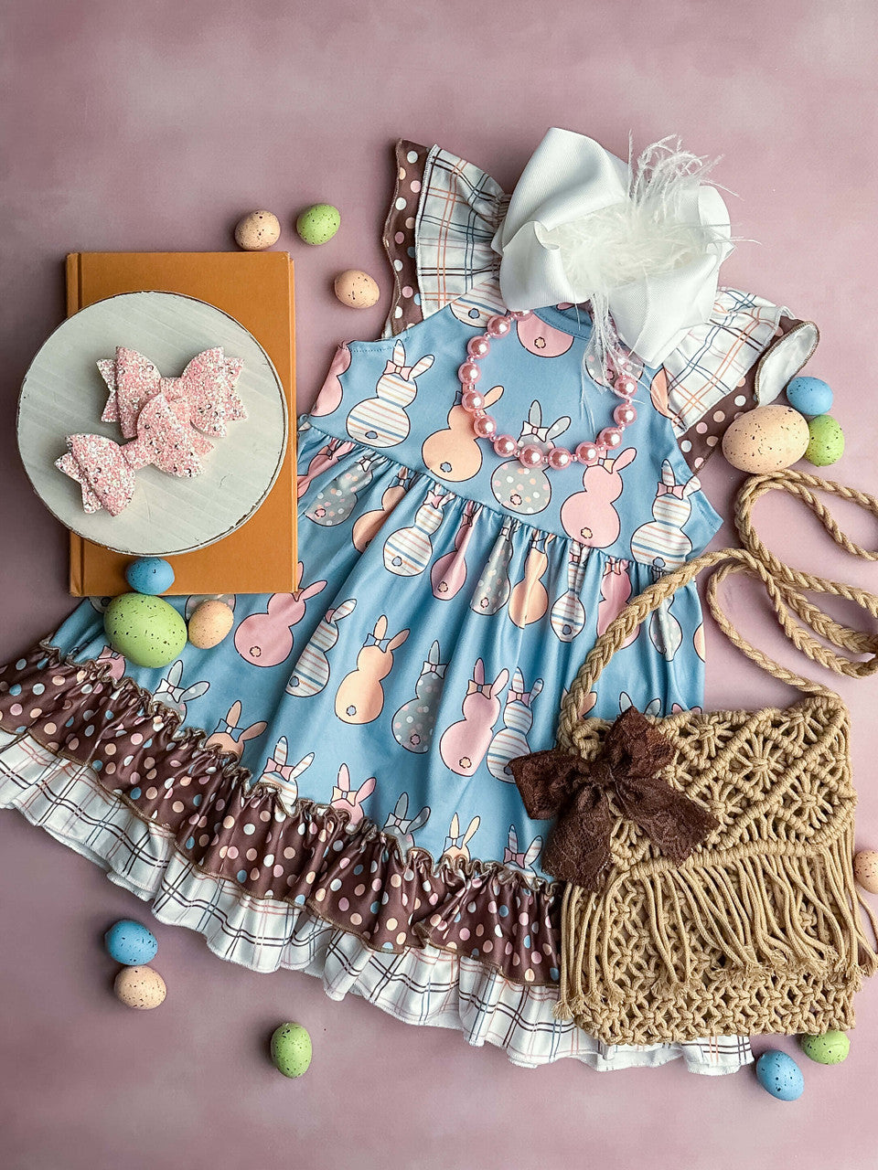 Flutter sleeve ruffled dress in blue with bunnies and dots