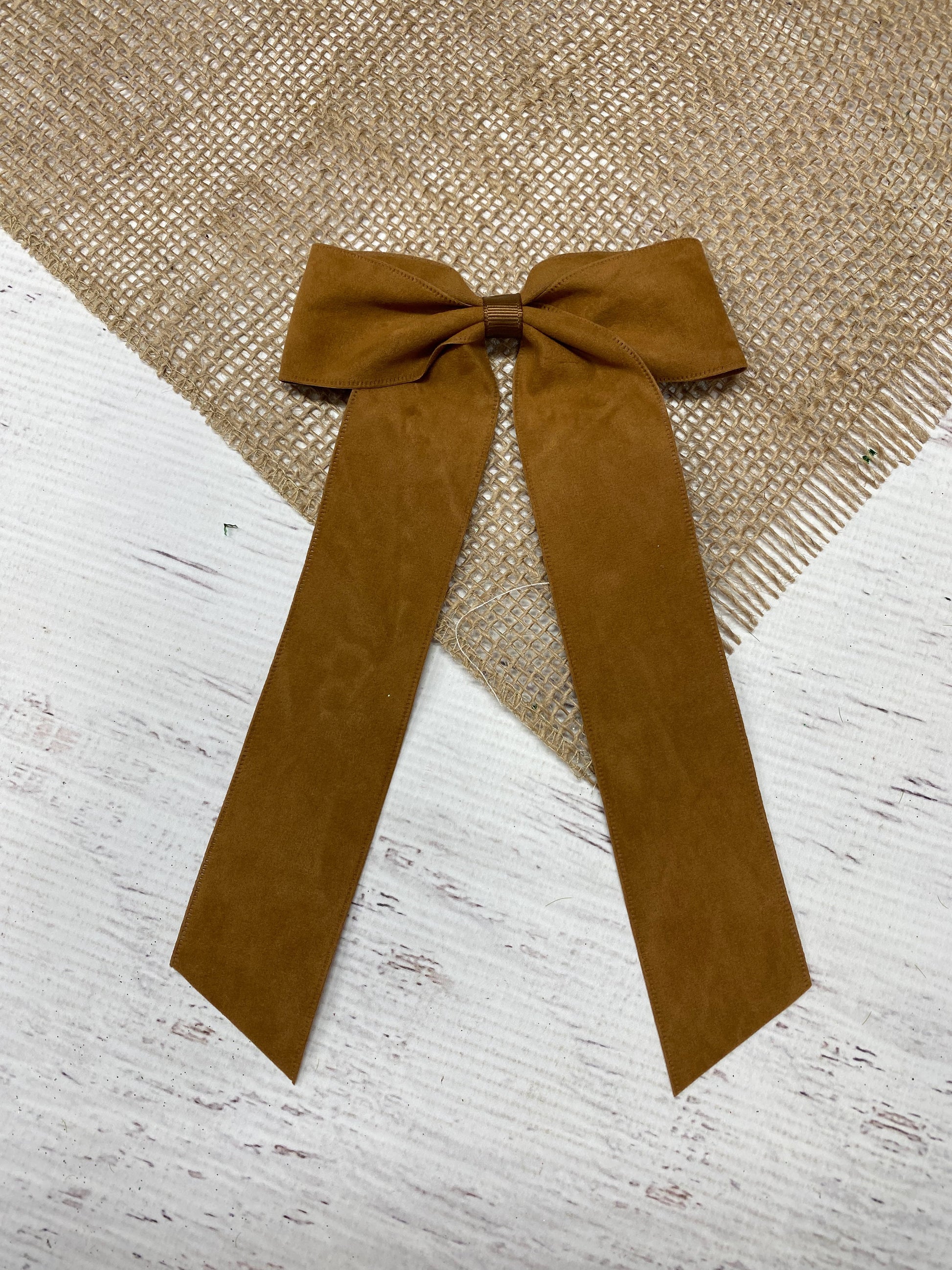 Camel Suede Ribbon Hair Bow- Wide