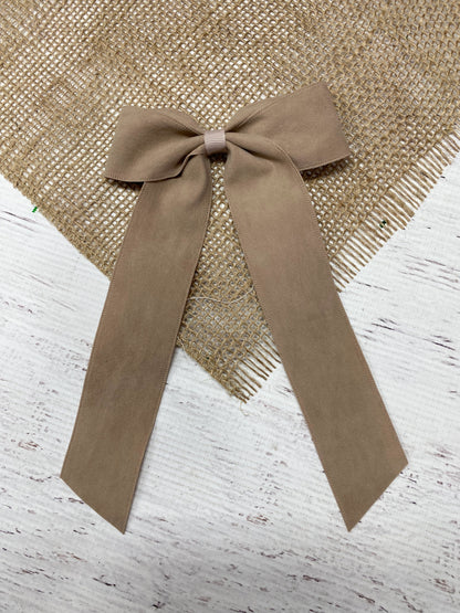 Khaki Suede Ribbon Hair Bow- Wide