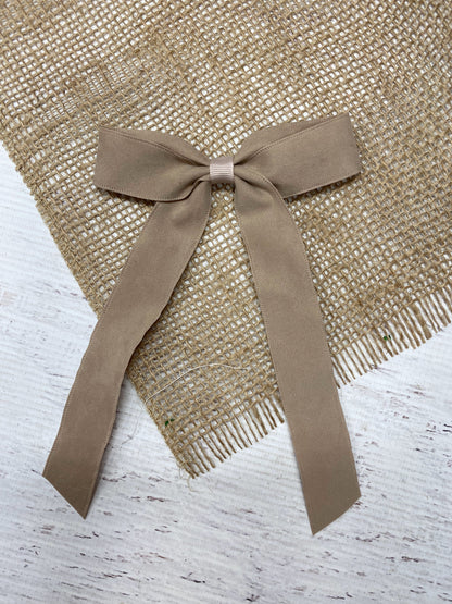 Khaki Suede Ribbon Hair Bow- Thin