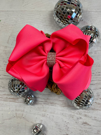 Neon Pink Texas Size Rhinestone Center Knot Hair Bow