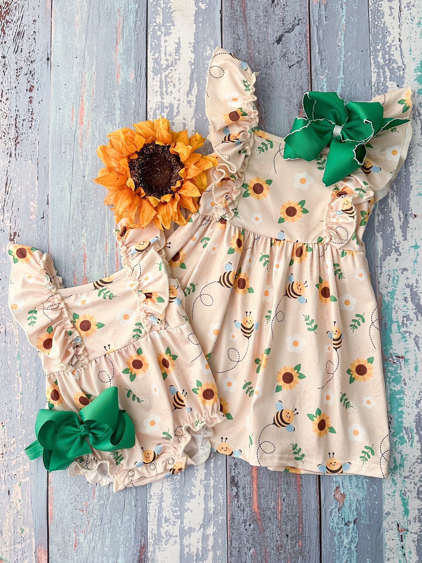 Vintage Sunflower Infant Romper and matching girls dress