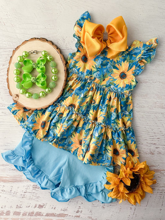 Blue Sunflowers Tiered Top & Shorts Set