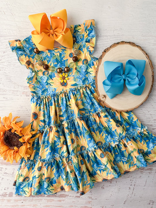 Blue Sunflower Tiered Twirl Dress