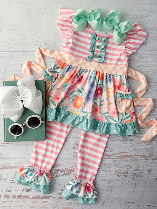 Pink Stripes & Flowers Ruffled Leggings Set