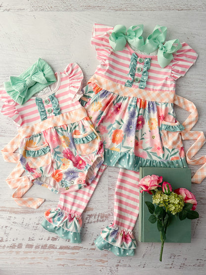 Pink Stripes & Flowers Ruffled Leggings Set and matching infant set