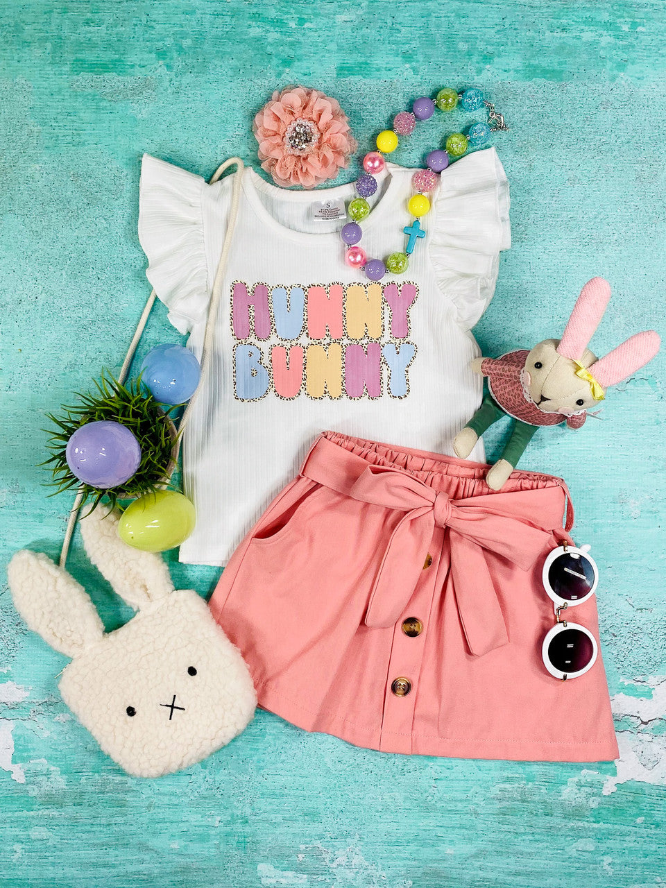 white "hunny bunny" screen print tank with ruffles and pink button down skirt with tie