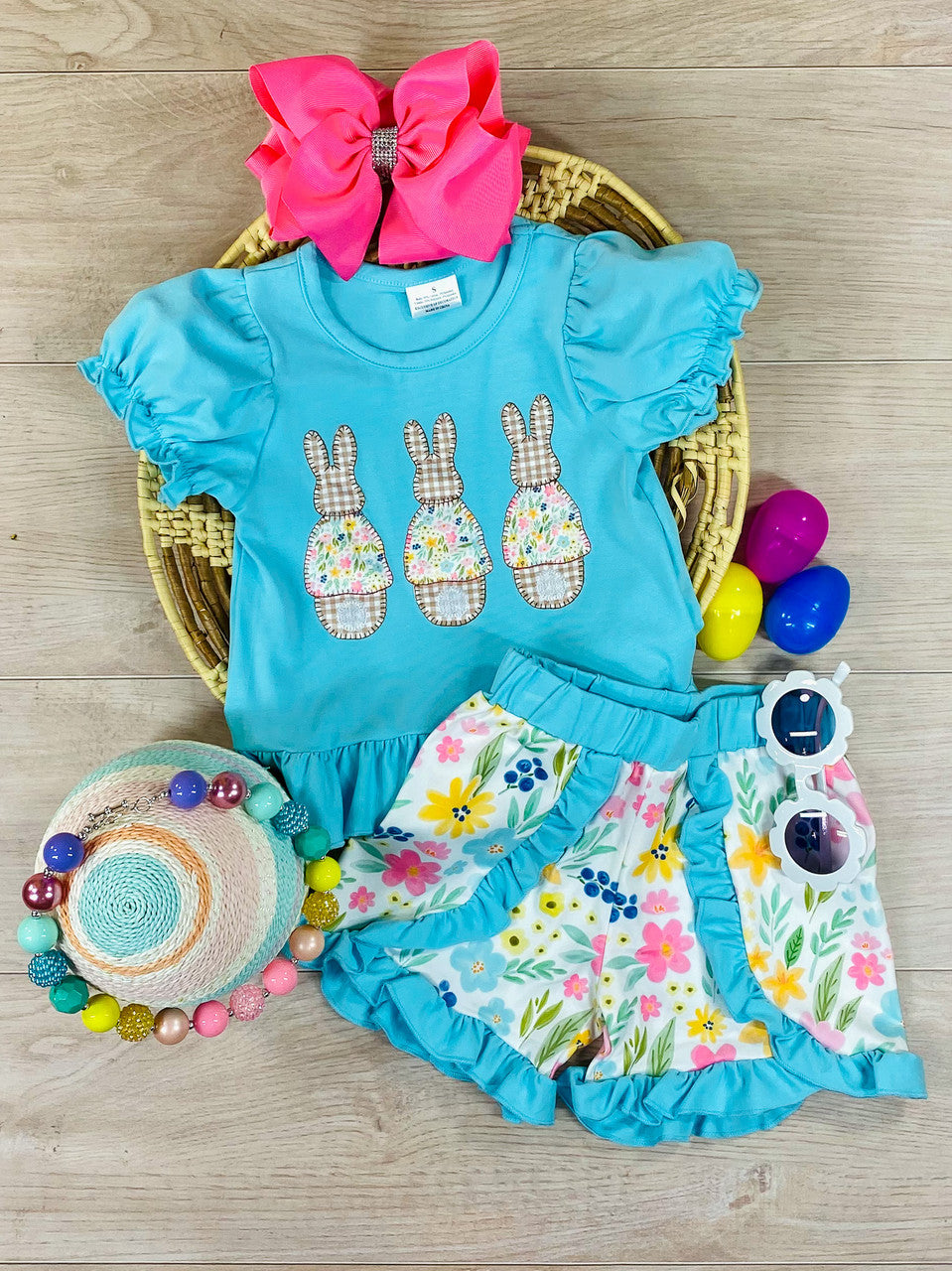 blue ruffled three bunnies top and floral with blue ruffles shorts set