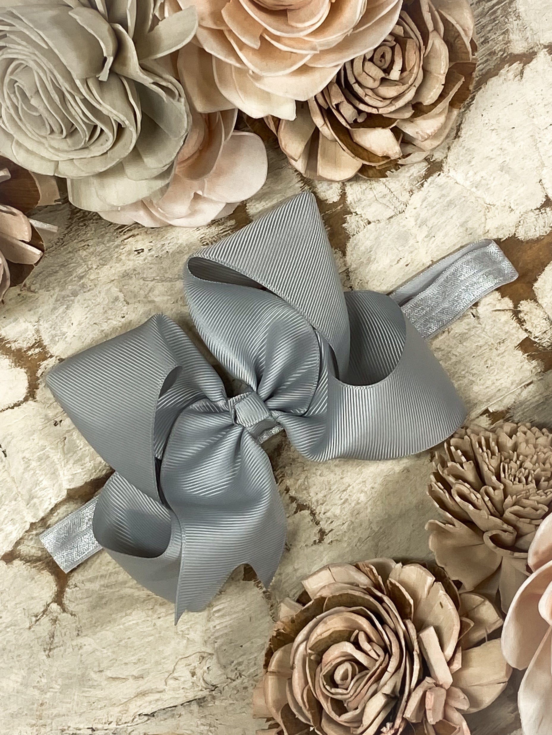 Silver Classic Grosgrain Hair Bow - Satin Headband