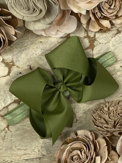 Olive Classic Grosgrain Hair Bow - Satin Headband