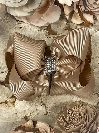 Oatmeal Oversized Rhinestone Center Knot Hair Bow