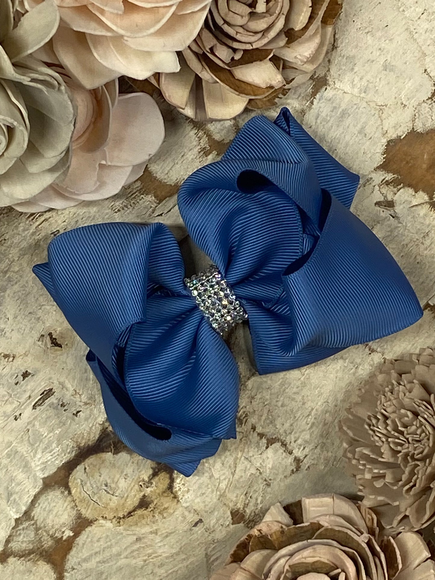 Smoke Blue Oversized Rhinestone Center Knot Hair Bow