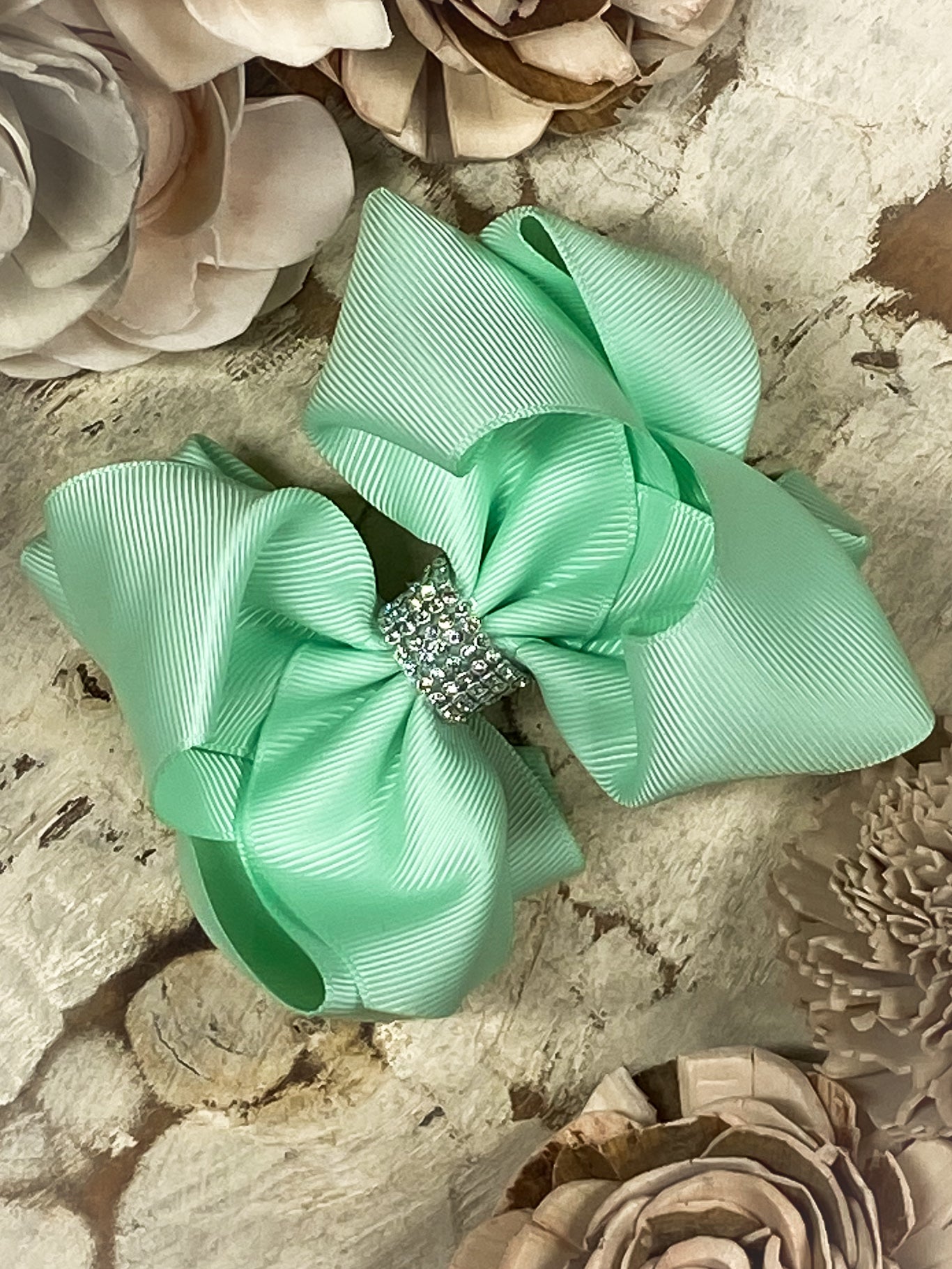 Mint Oversized Rhinestone Center Knot Hair Bow