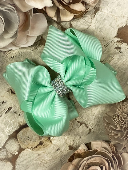 Mint Oversized Rhinestone Center Knot Hair Bow