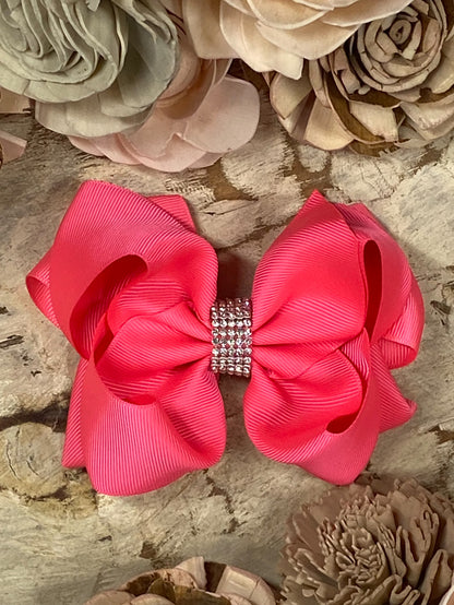 Neon Pink Oversized Rhinestone Center Knot Hair Bow