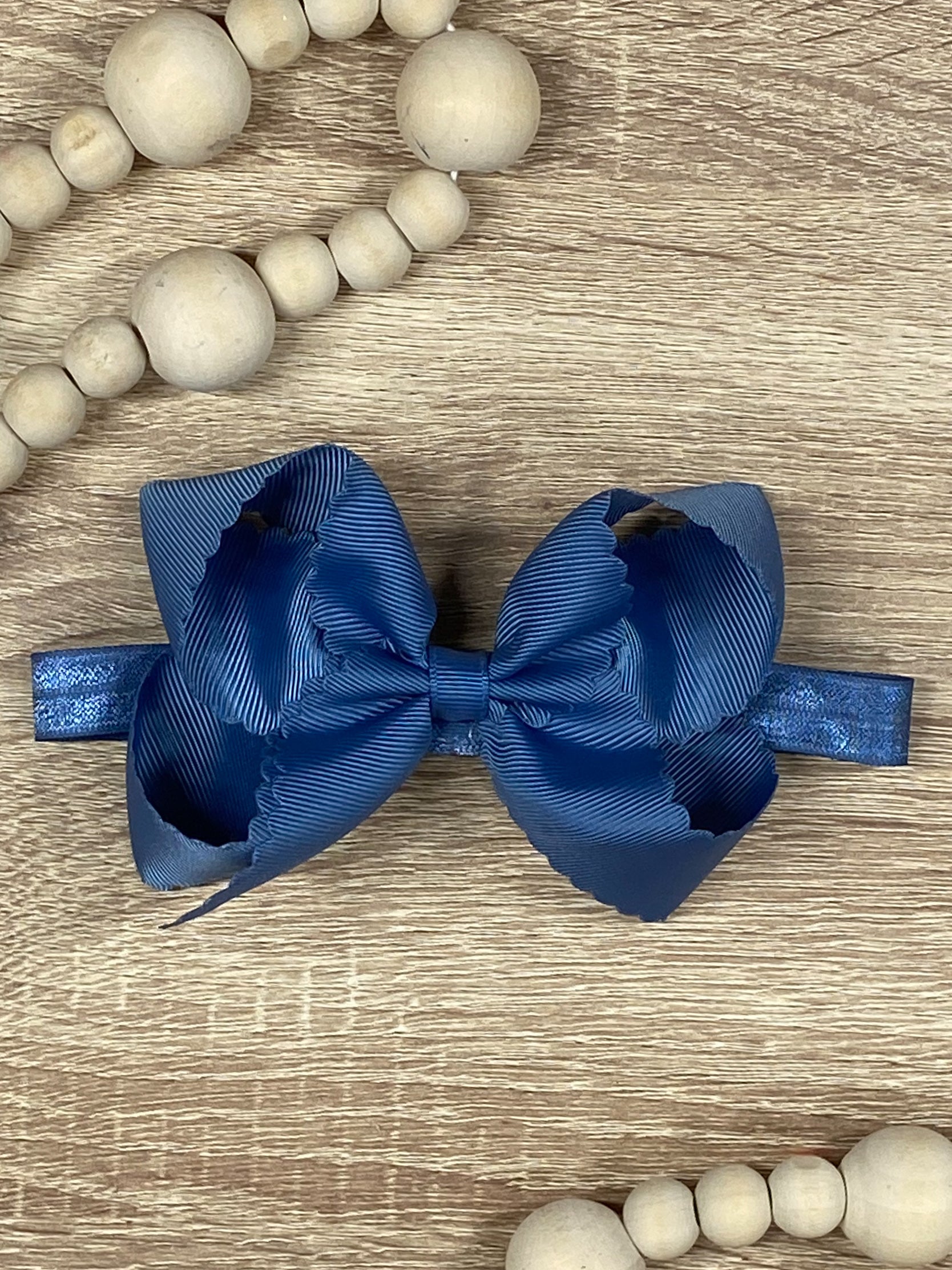 Smoke Blue Scalloped Classic Size Bow Headband