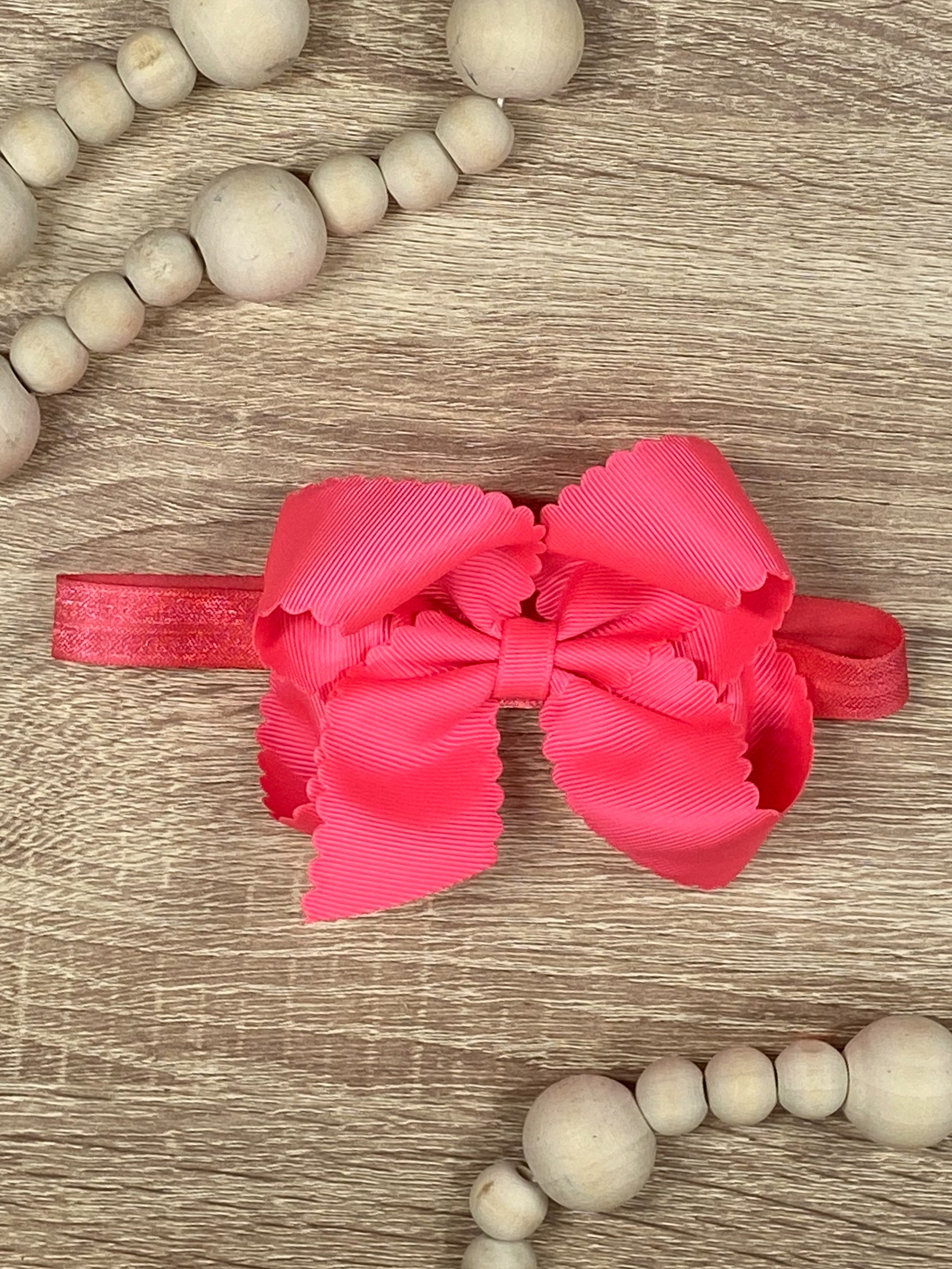 Neon Pink Scalloped Classic Size Bow Headband