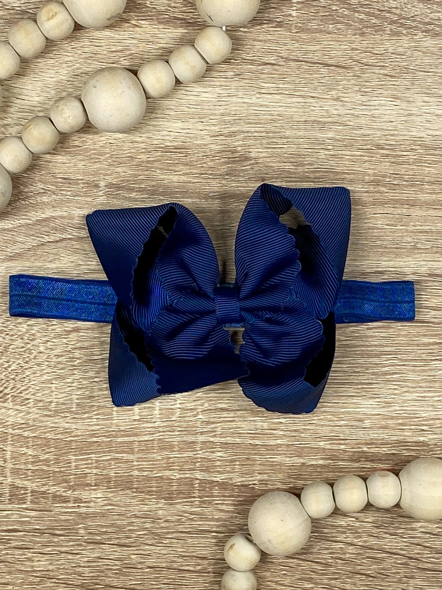 Navy Scalloped Classic Size Bow Headband