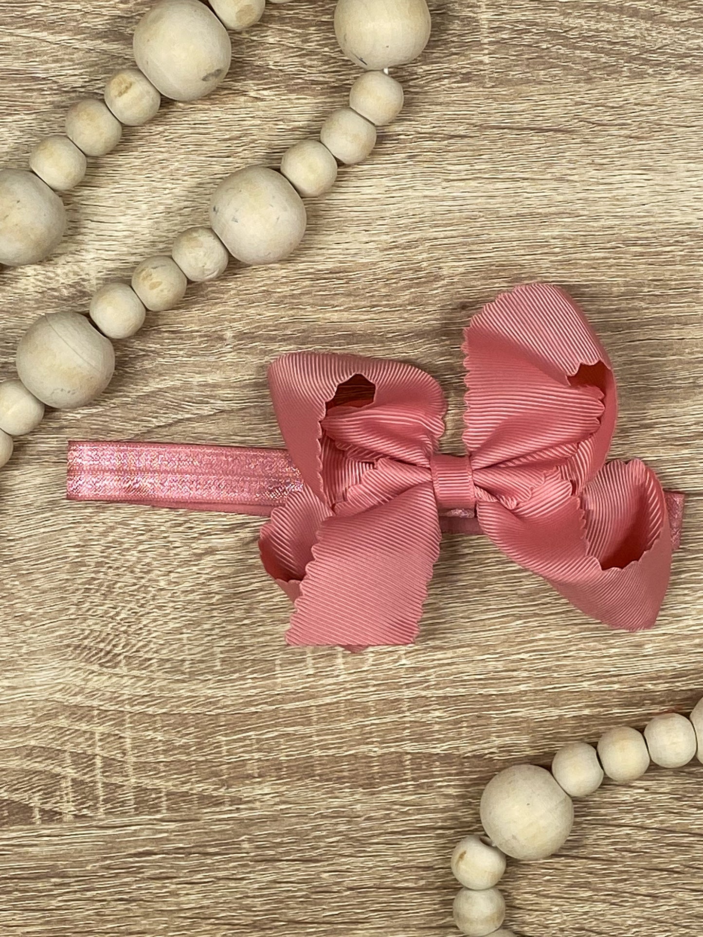 Dusty Rose Scalloped Classic Size Bow Headband