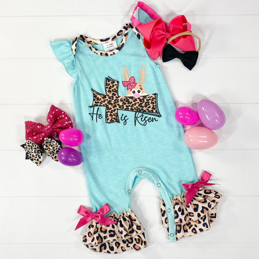 Aqua He is Risen Romper With Animal Print Ruffle Details