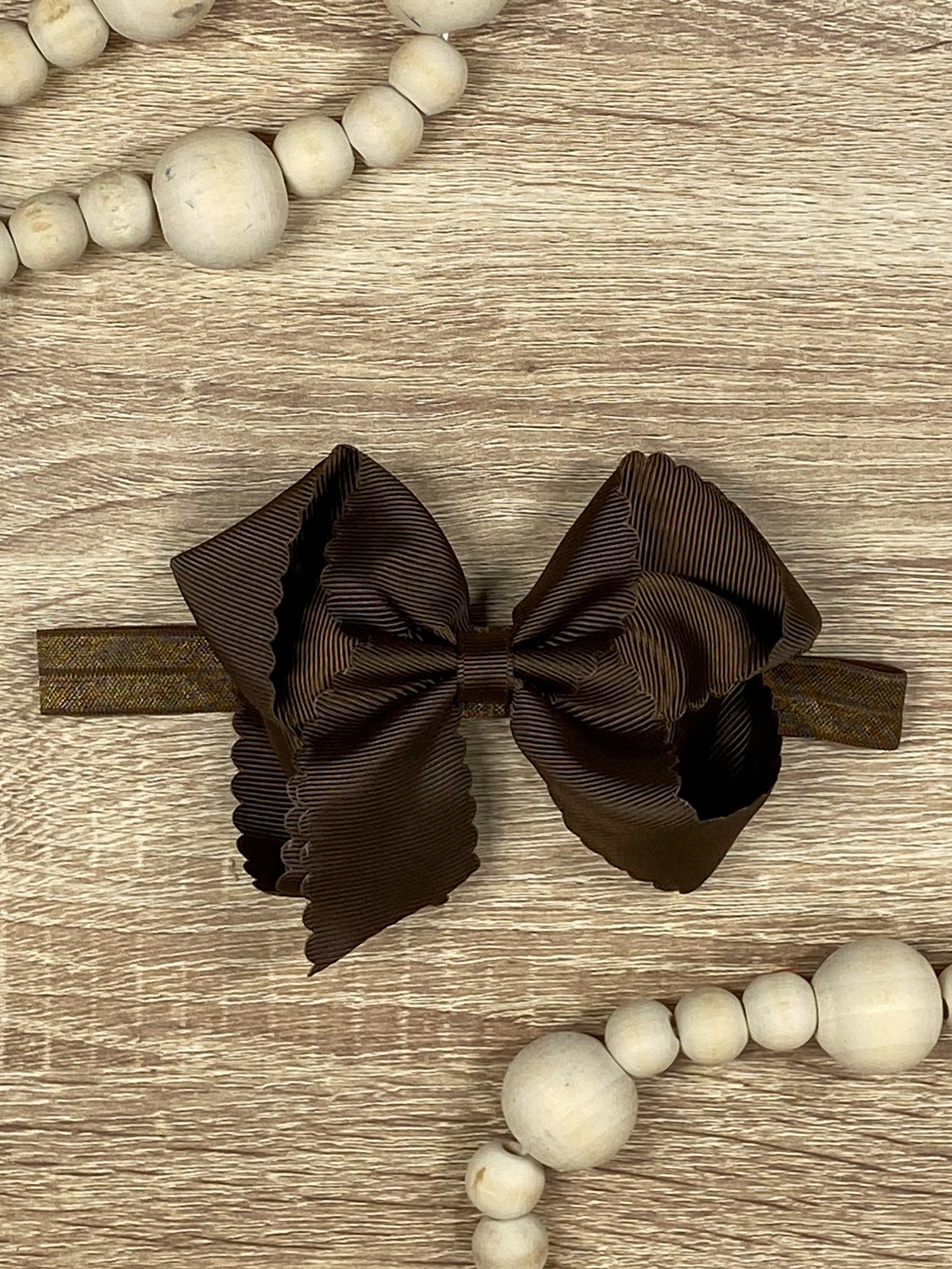 Chocolate Scalloped Classic Size Bow Headband