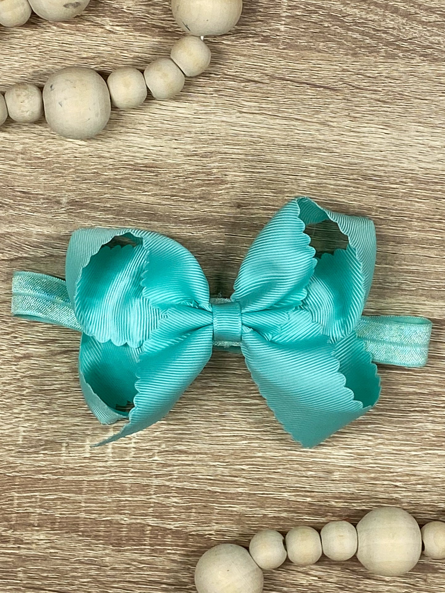 Aqua Scalloped Classic Size Bow Headband